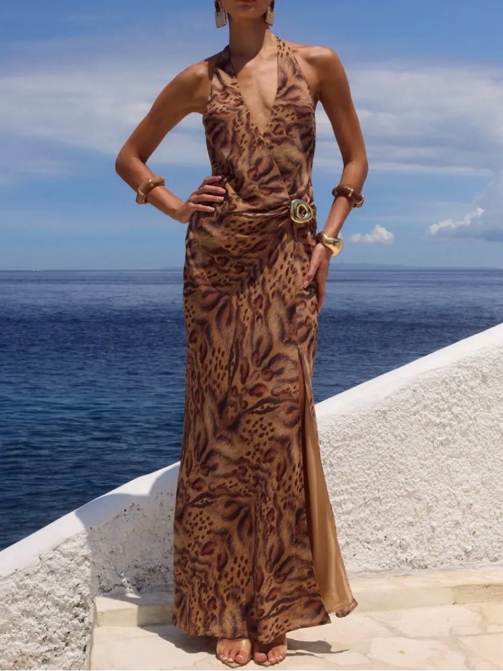 Brown and Gold Halter Maxi Dress - Picture 2 of 16